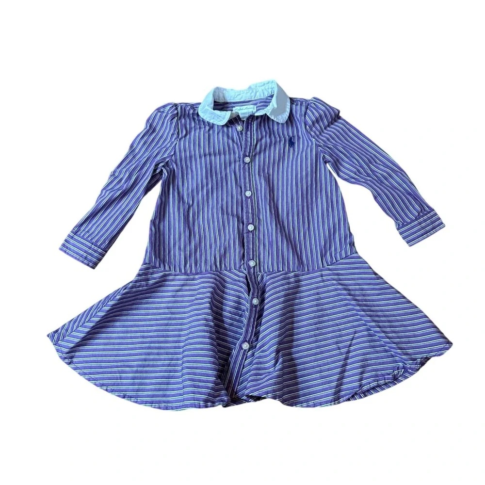 Ralph Lauren Striped Dress Toddler Purple Drop Waist Peter Pan Collar SIZE 18M